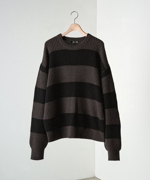 Alfred Alex】ボーダーバルキーワッフル オーバーサイズニット