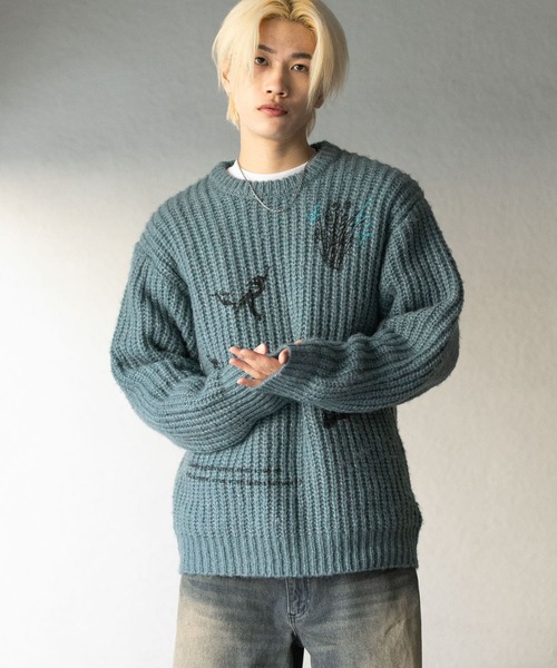 SENSE OF PLACE by URBAN RESEARCH(センスオブプレイスバイアーバンリサーチ)の「グラフィックプリントルーズクルーネックニット(ニット/セーター・メンズ・グレー/ブルー/パープル・LARGE/MEDIUM)」の6枚目の写真