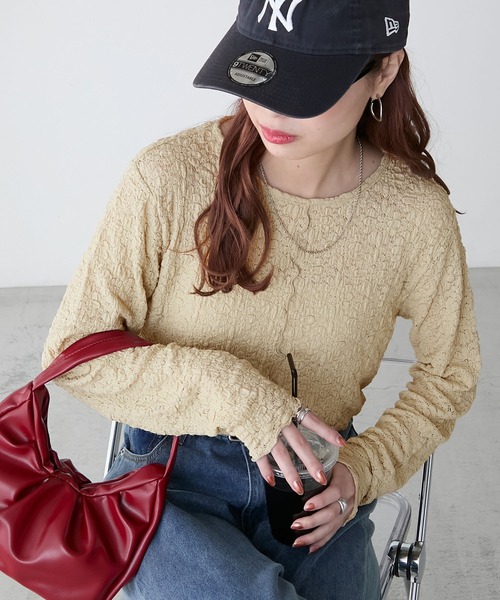 BONLECILL（ボンルシール）の「レースジャガードメローインナー/プルオーバー（Tシャツ/カットソー・レディース・ベージュ/ブラック/ピンク/アイボリー/ブルー・FREE）」の4枚目の写真