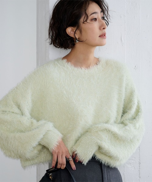 UR'S（ユアーズ）の「ラメシャギークロップド丈プルオーバー（ニット/セーター・レディース・グレー/ブラック/グリーン・M）」の12枚目の写真