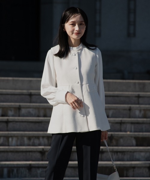 Petitjo（プッチージョ）の「小さいサイズ　【入学式・卒業式・フォーマル】フォーマル4点セット（Aラインジャケット＋ペプラムツイードベスト＋長袖ブラウス＋テーパードパンツ）低身長さん・小柄女性（スーツセット・レディース・ブラック/ネイビー・PS(XS－S)/PS/PM/PL）」の20枚目の写真