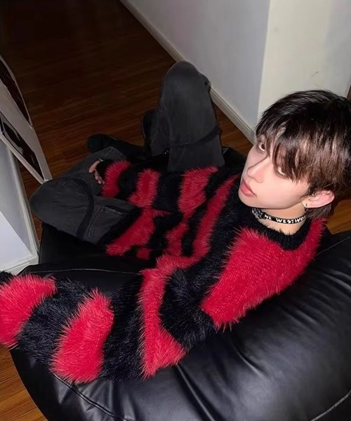 NO WAY(ノーウェイ)の「/オーバーサイズボーダーシャギーニット(ニット/セーター・メンズ・レッド・FREE)」の4枚目の写真