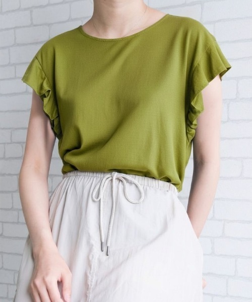 aquagarage（アクアガレージ）の「接触冷感ポンチフリルカットソー（Tシャツ/カットソー・レディース・カーキオリーブ/グリーン/ブラック/ブルー/オフホワイト・M）」の4枚目の写真