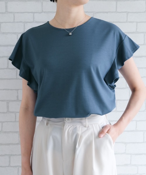 aquagarage（アクアガレージ）の「接触冷感ポンチフリルカットソー（Tシャツ/カットソー・レディース・カーキオリーブ/グリーン/ブラック/ブルー/オフホワイト・M）」の5枚目の写真