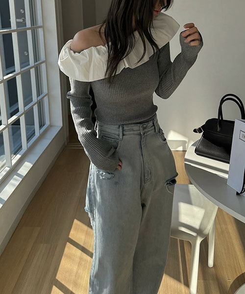 WILLFULLY(ウィルフリー)の「frill turnup off shoulder color schem knit(ニット/セーター・レディース・ブラック/グレー/その他・FREE)」の9枚目の写真