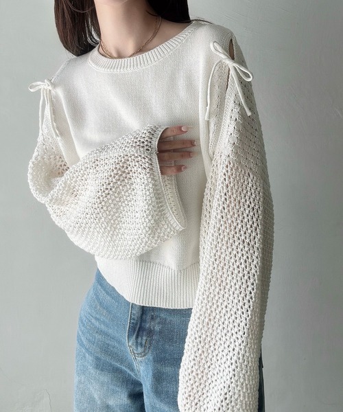 Meiru(メイル)の「カットアウトリボン透かし編みニット(ニット/セーター・レディース・チャコール/ブラック/ホワイト・LARGE/MEDIUM)」の8枚目の写真