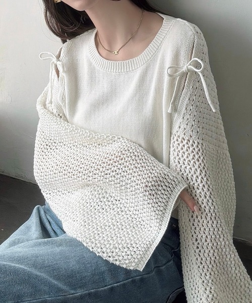 Meiru(メイル)の「カットアウトリボン透かし編みニット(ニット/セーター・レディース・チャコール/ブラック/ホワイト・LARGE/MEDIUM)」の11枚目の写真