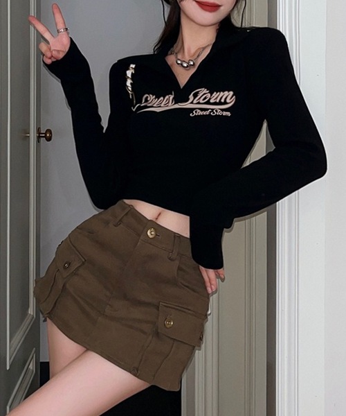 Lace Ladies（レースレディース）の「ロゴプリント 襟付き スキッパーネック クロップド丈 カットソー（Tシャツ/カットソー・レディース・グレー/ブラック/ブラウン/アイボリー・M/XL）」の8枚目の写真