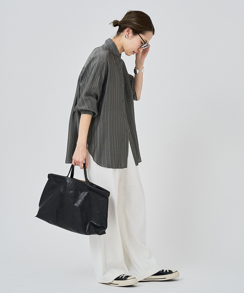 FRAMeWORK（フレームワーク）の「キュプラストライプオーバーシャツ（シャツ/ブラウス・レディース・アイボリー/チャコールグレー・FREE）」の5枚目の写真