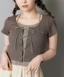 SPINNS(スピンズ)の「大人気デザインが半袖になって再登場!キャミソールレイヤード風半袖カットソー/レースアップ/NEO森ガール(Tシャツ/カットソー・レディース)」