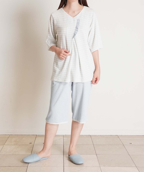 KID BLUE（キッドブルー）の「キッドブルー -梨地ＪＱ -6分丈ボトムス -KRBP548 -kidblue（その他パンツ・レディース・アイボリー/サックスブルー・M）」の3枚目の写真