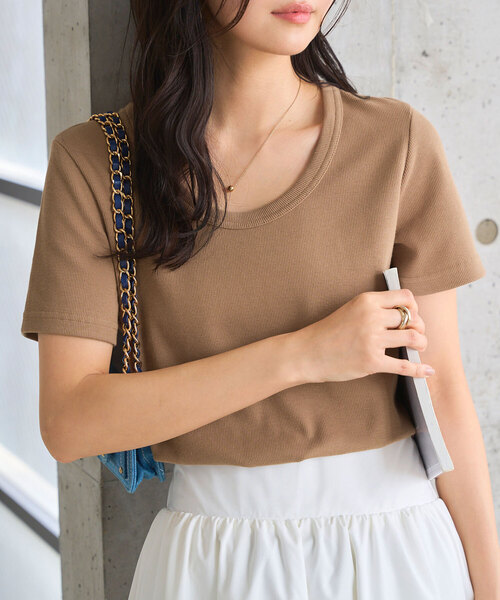 [MLXL選べるサイズ]深Uネック細リブ半袖Tシャツ