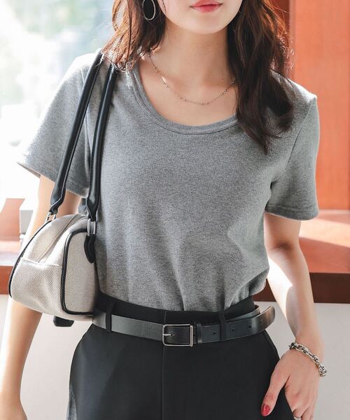 [MLXL選べるサイズ]深Uネック細リブ半袖Tシャツ