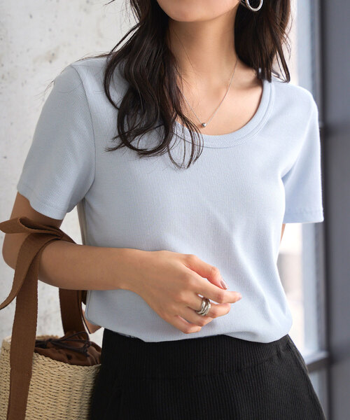 [MLXL選べるサイズ]深Uネック細リブ半袖Tシャツ