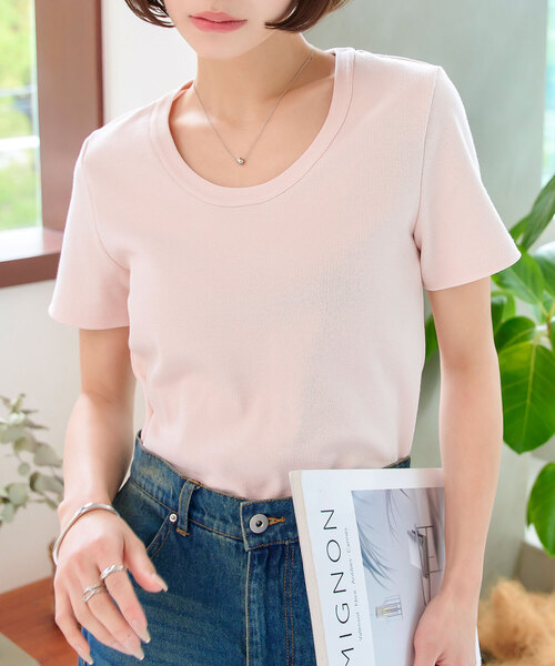 M L XL 選べるサイズ ] 深Uネック細リブ半袖Tシャツ（Tシャツ