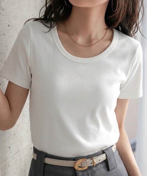 セール】[ M L XL 選べるサイズ ] 深Uネック細リブ半袖Tシャツ（T