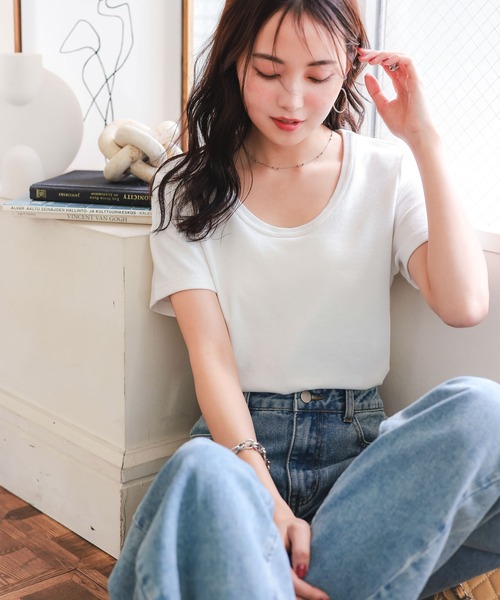 [MLXL選べるサイズ]深Uネック細リブ半袖Tシャツ