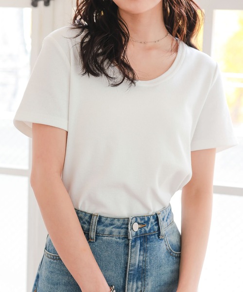 [MLXL選べるサイズ]深Uネック細リブ半袖Tシャツ