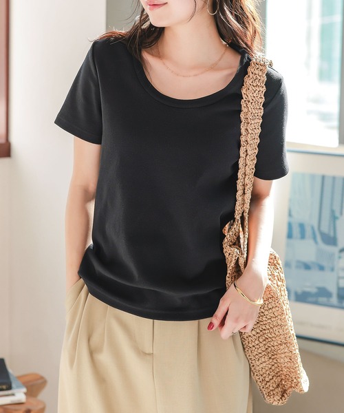 [MLXL選べるサイズ]深Uネック細リブ半袖Tシャツ