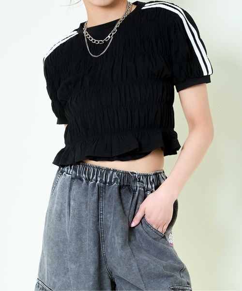 GORGE（ゴージ）の「《シャーリング×ラインデザイン》レディース 半袖トップス スポーティ カジュアル 春夏秋（Tシャツ/カットソー・レディース・オフホワイト/ブラック・F）」の2枚目の写真
