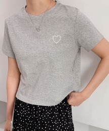 綿混ワンポイントパールハートTシャツ カットソー