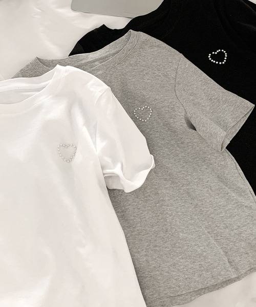 LOWO(ロワ)の「綿混ワンポイントパールハートTシャツ カットソー(Tシャツ/カットソー・レディース・ホワイト/ブラック/グレー・FREE)」の17枚目の写真