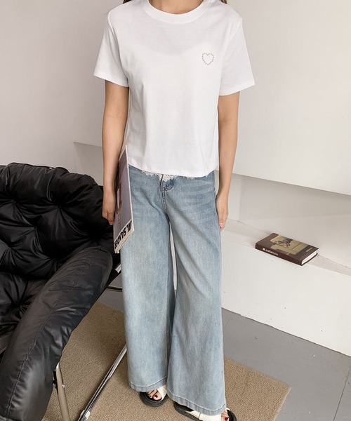 LOWO(ロワ)の「綿混ワンポイントパールハートTシャツ カットソー(Tシャツ/カットソー・レディース・ホワイト/ブラック/グレー・FREE)」の14枚目の写真
