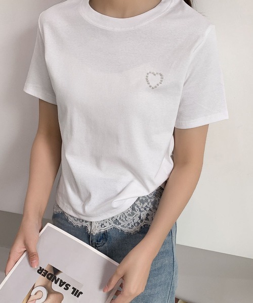 LOWO(ロワ)の「綿混ワンポイントパールハートTシャツ カットソー(Tシャツ/カットソー・レディース・ホワイト/ブラック/グレー・FREE)」の13枚目の写真
