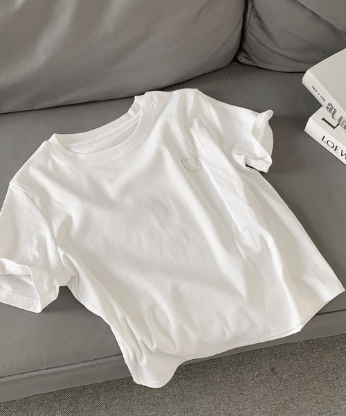 LOWO(ロワ)の「綿混ワンポイントパールハートTシャツ カットソー(Tシャツ/カットソー・レディース・ホワイト/ブラック/グレー・FREE)」の12枚目の写真