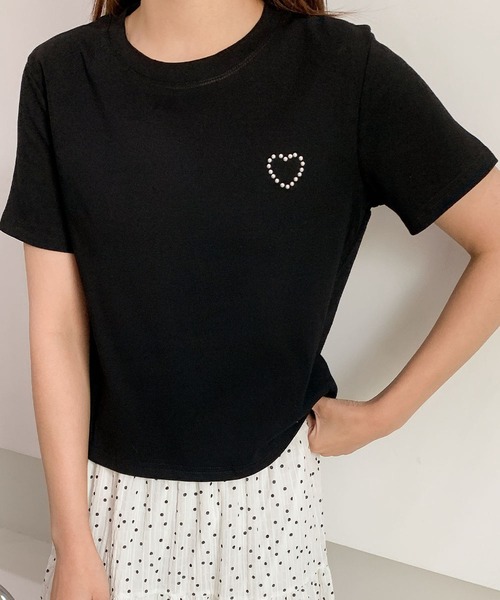 LOWO(ロワ)の「綿混ワンポイントパールハートTシャツ カットソー(Tシャツ/カットソー・レディース・ホワイト/ブラック/グレー・FREE)」の7枚目の写真