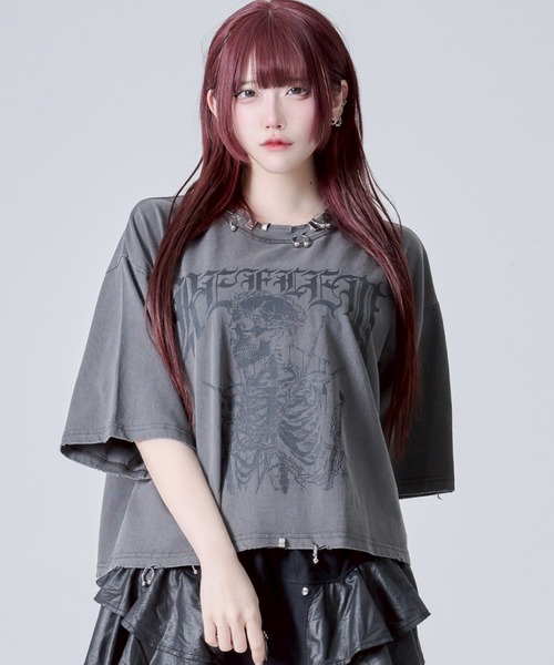 REFLEM【レフレム】メタルパーツネッククロップドスカルTシャツ　グレー REFLEM【レフレム】メタルパーツネッククロップドスカルTシャツ