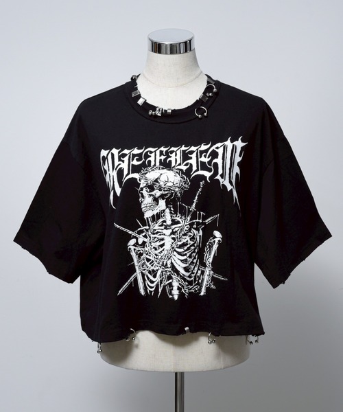REFLEM【レフレム】メタルパーツネッククロップドスカルTシャツ　グレー REFLEM【レフレム】メタルパーツネッククロップドスカルTシャツ