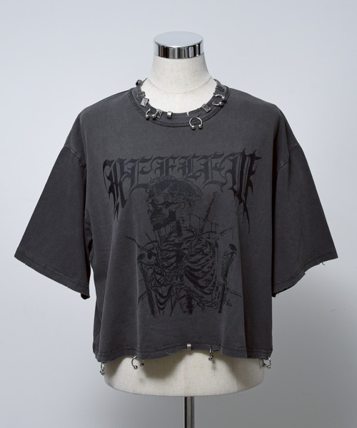 REFLEM【レフレム】メタルパーツネッククロップドスカルTシャツ　グレー REFLEM/レフレム』スカルプリントクロップドTシャツ/ハーフスリーブ