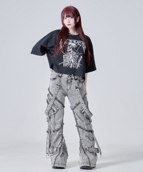 REFLEM【レフレム】メタルパーツネッククロップドスカルTシャツ　グレー REFLEM【レフレム】メタルパーツネッククロップドスカルTシャツ