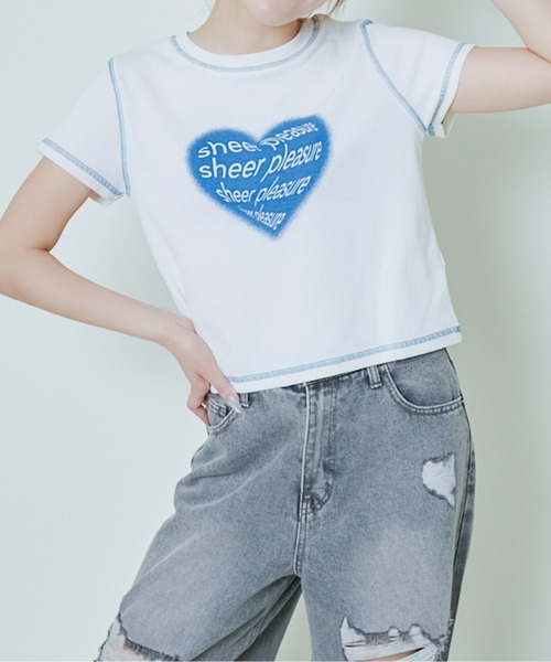 GORGE(ゴージ)の「《ハートロゴ×配色ステッチ》レディース テレコ半袖Tシャツ クロップド丈 春夏秋(Tシャツ/カットソー・レディース・オフホワイト/グレー/スミクロ・F)」の2枚目の写真