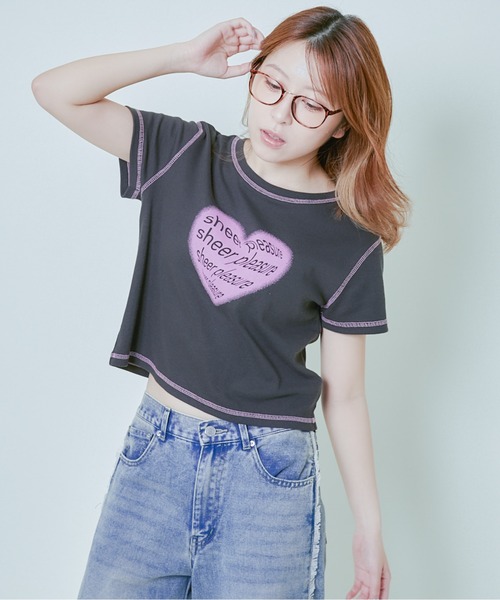 GORGE(ゴージ)の「《ハートロゴ×配色ステッチ》レディース テレコ半袖Tシャツ クロップド丈 春夏秋(Tシャツ/カットソー・レディース・オフホワイト/グレー/スミクロ・F)」の3枚目の写真