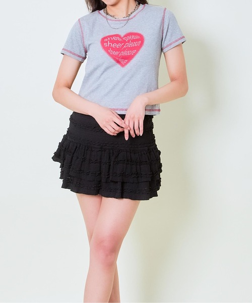 GORGE(ゴージ)の「《ハートロゴ×配色ステッチ》レディース テレコ半袖Tシャツ クロップド丈 春夏秋(Tシャツ/カットソー・レディース・オフホワイト/グレー/スミクロ・F)」の14枚目の写真
