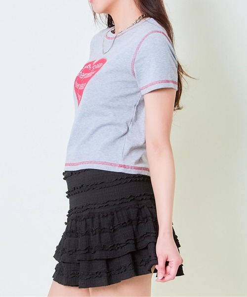 GORGE(ゴージ)の「《ハートロゴ×配色ステッチ》レディース テレコ半袖Tシャツ クロップド丈 春夏秋(Tシャツ/カットソー・レディース・オフホワイト/グレー/スミクロ・F)」の15枚目の写真