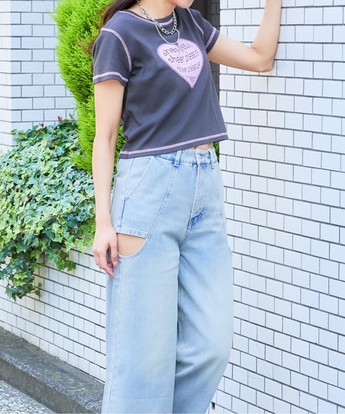 GORGE(ゴージ)の「《ハートロゴ×配色ステッチ》レディース テレコ半袖Tシャツ クロップド丈 春夏秋(Tシャツ/カットソー・レディース・オフホワイト/グレー/スミクロ・F)」の6枚目の写真