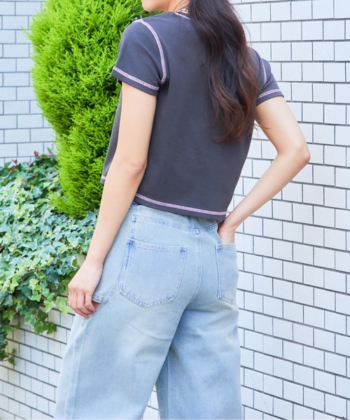 GORGE(ゴージ)の「《ハートロゴ×配色ステッチ》レディース テレコ半袖Tシャツ クロップド丈 春夏秋(Tシャツ/カットソー・レディース・オフホワイト/グレー/スミクロ・F)」の7枚目の写真