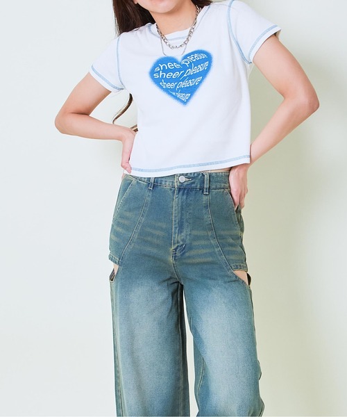 GORGE(ゴージ)の「《ハートロゴ×配色ステッチ》レディース テレコ半袖Tシャツ クロップド丈 春夏秋(Tシャツ/カットソー・レディース・オフホワイト/グレー/スミクロ・F)」の8枚目の写真
