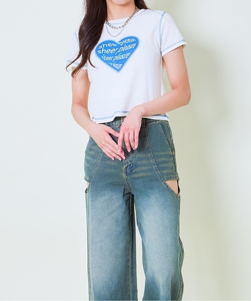 GORGE(ゴージ)の「《ハートロゴ×配色ステッチ》レディース テレコ半袖Tシャツ クロップド丈 春夏秋(Tシャツ/カットソー・レディース・オフホワイト/グレー/スミクロ・F)」の9枚目の写真