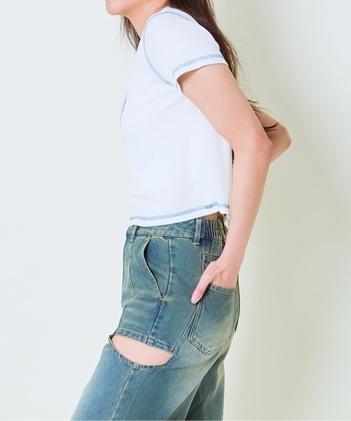 GORGE(ゴージ)の「《ハートロゴ×配色ステッチ》レディース テレコ半袖Tシャツ クロップド丈 春夏秋(Tシャツ/カットソー・レディース・オフホワイト/グレー/スミクロ・F)」の10枚目の写真