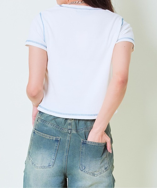 GORGE(ゴージ)の「《ハートロゴ×配色ステッチ》レディース テレコ半袖Tシャツ クロップド丈 春夏秋(Tシャツ/カットソー・レディース・オフホワイト/グレー/スミクロ・F)」の11枚目の写真
