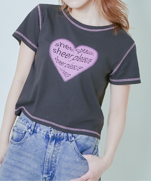 GORGE(ゴージ)の「《ハートロゴ×配色ステッチ》レディース テレコ半袖Tシャツ クロップド丈 春夏秋(Tシャツ/カットソー・レディース・オフホワイト/グレー/スミクロ・F)」の18枚目の写真