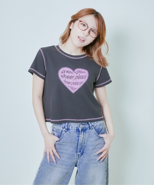 GORGE(ゴージ)の「《ハートロゴ×配色ステッチ》レディース テレコ半袖Tシャツ クロップド丈 春夏秋(Tシャツ/カットソー・レディース・オフホワイト/グレー/スミクロ・F)」の19枚目の写真