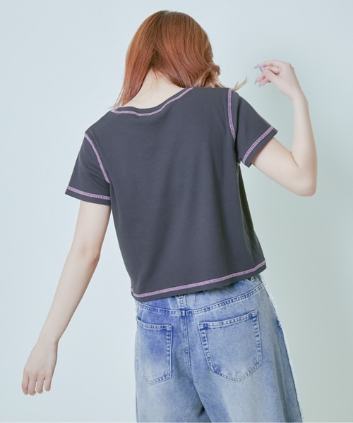GORGE(ゴージ)の「《ハートロゴ×配色ステッチ》レディース テレコ半袖Tシャツ クロップド丈 春夏秋(Tシャツ/カットソー・レディース・オフホワイト/グレー/スミクロ・F)」の22枚目の写真