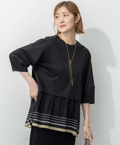 23区(ニジュウサンク)の「【汗じみ防止加工】スカーフプリントコンビ ヘムデザイン チュニック(Tシャツ/カットソー・レディース・ネイビー系5/ブラック系5/アイボリー系5・38)」の2枚目の写真