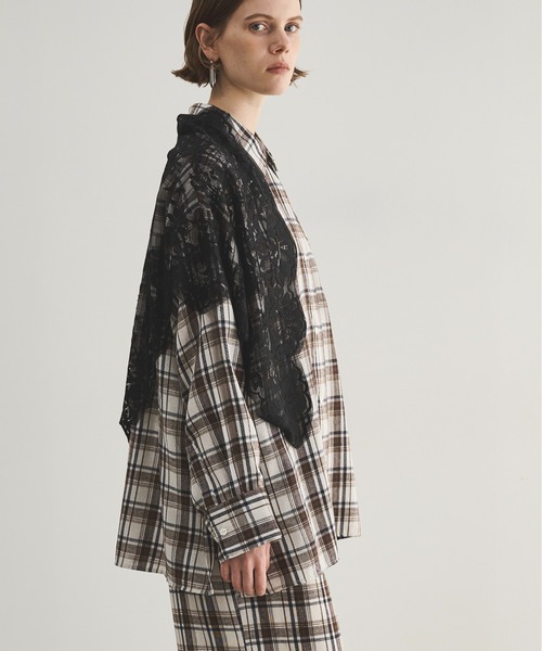 LOSCa(ロスカ)の「オープンカラーオーバーチェックシャツ(シャツ/ブラウス・レディース・ブルー/アイボリー/ブラウン・FREE)」の5枚目の写真