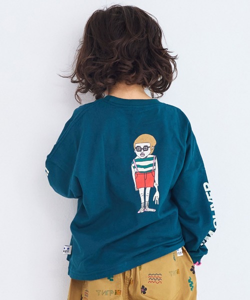 MARKEY'S（マーキーズ）の「ソデリブビッグロンＴ/前後プリント（Tシャツ/カットソー・キッズ・オフホワイト/オレンジ/グリーン/杢グレー・100/140/130/110/90/80/120/150）」の4枚目の写真